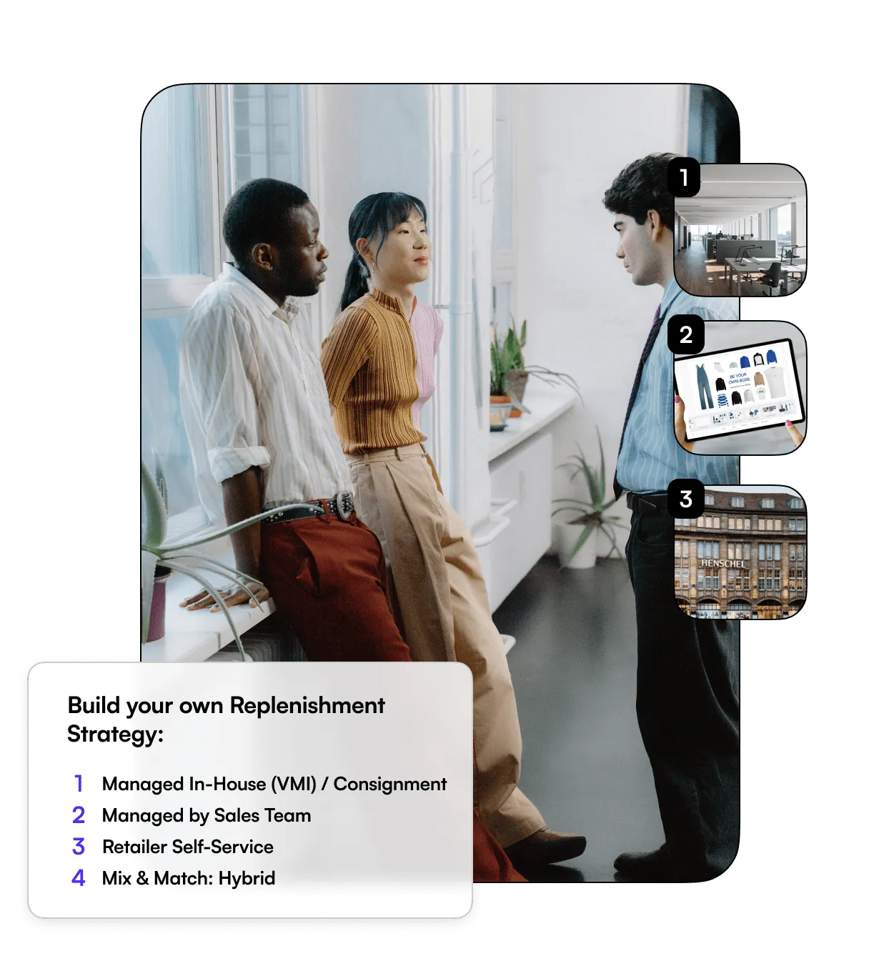 Three diverse people in business casual clothing having a discussion near a window, with an inset list titled 'Build your own Replenishment Strategy' showing four options and three numbered inset images illustrating office space, an online clothing store on a tablet, and a building with the name Henschel.
